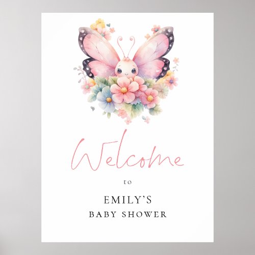 Modern Butterfly Florals Welcome Baby Shower Poster