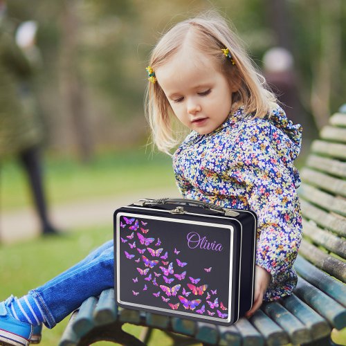 Modern Butterfly Pattern add Name Metal Lunch Box