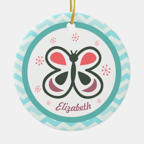 Modern Butterfly Personalized Chevron Kids Gift Ceramic Ornament