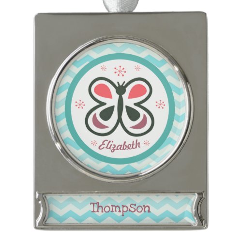 Modern Butterfly Personalized Chevron Kids Gift Silver Plated Banner Ornament