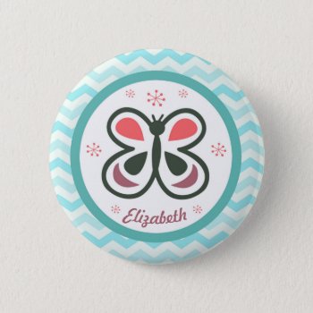 Modern Butterfly Personalized Chevron Kids Party Pinback Button by TheFosterMom at Zazzle
