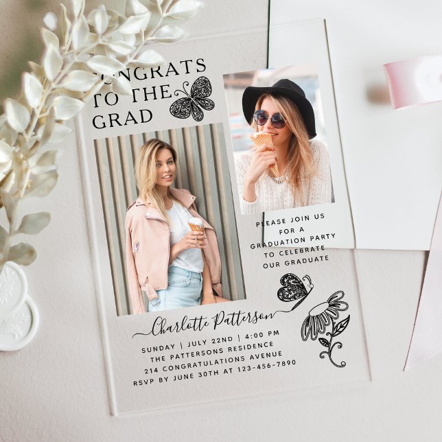 Modern Butterfly Photo Graduation Party Acrylic Invitations (Creator Uploaded)