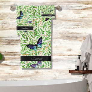Modern Butterfly Stylish Blue  Monogram Bath Towel Set