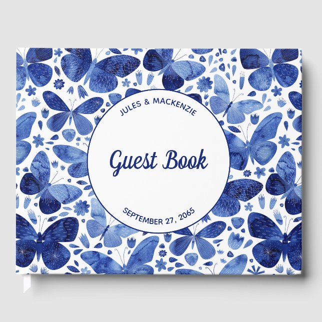 Modern Butterfly Watercolor Blue Guest Book (Front)