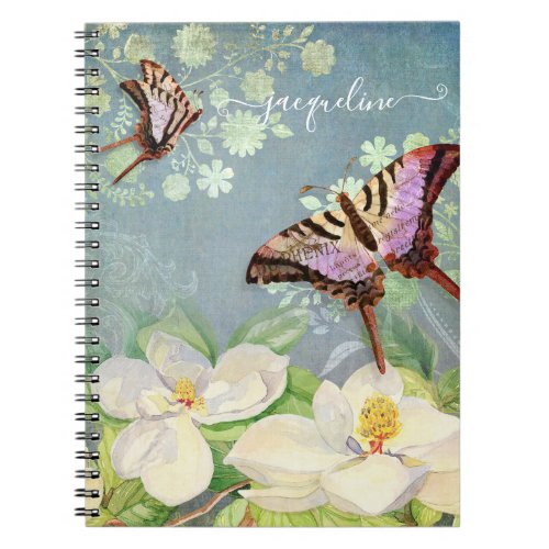 Modern Butterfly Watercolor Magnolia Flower Floral Notebook