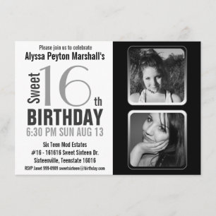 Modern BW 2 Photo Sweet 16 Party Invite