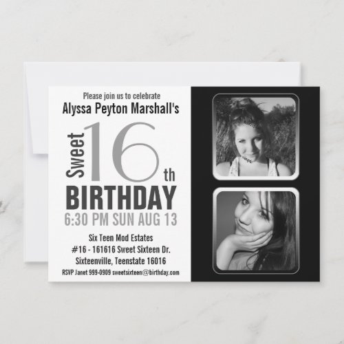 Modern BW 2 Photo Sweet 16 Party Invite