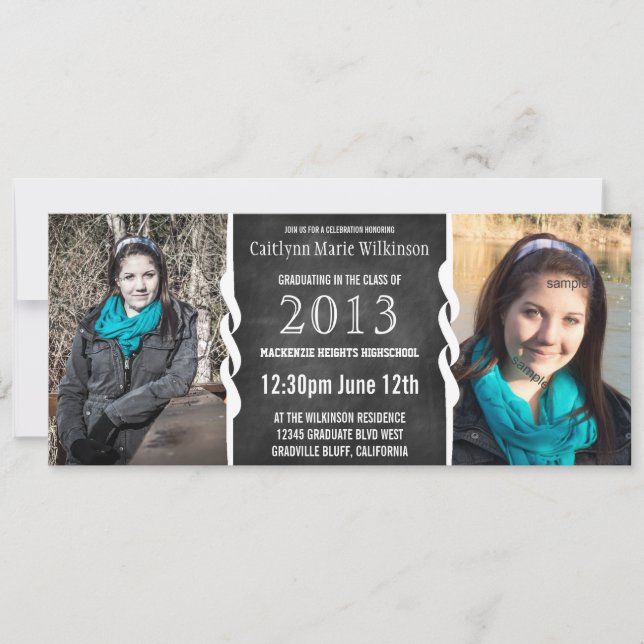 Modern BW Chalkboard 2 Photo Grad Party Invitation (Front)
