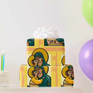 Modern Byzantine Virgin Mary and Child Religious Wrapping Paper
