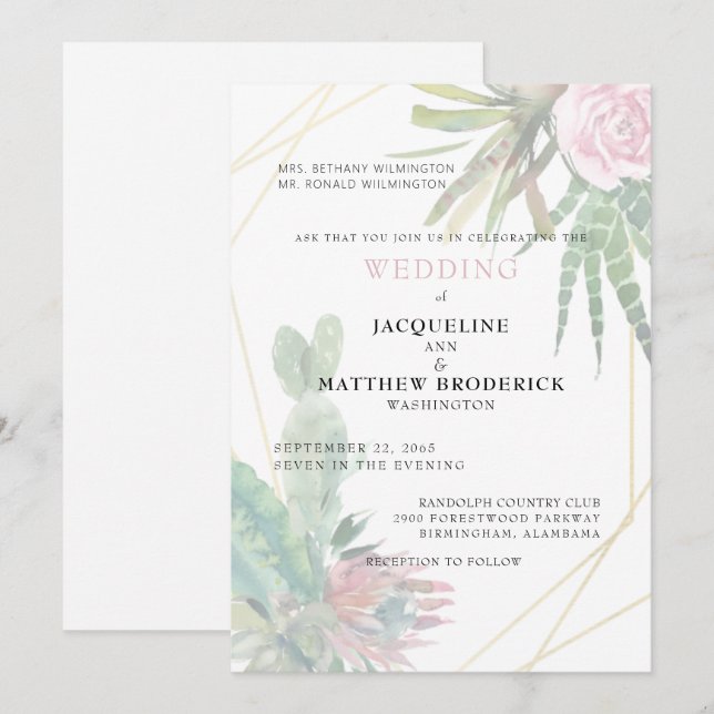 Modern Cacti Tropical Parents Wedding Matte Invitation (Front/Back)