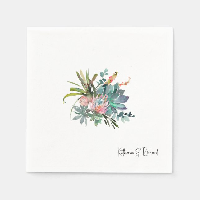 Modern Cactus Arrangement Wedding Script Names Napkins (Front)