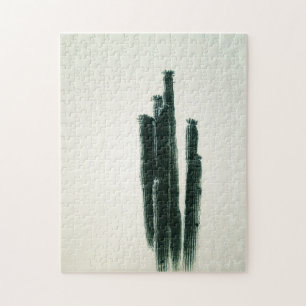 Modern Cactus Art Green Off White Jigsaw Puzzle