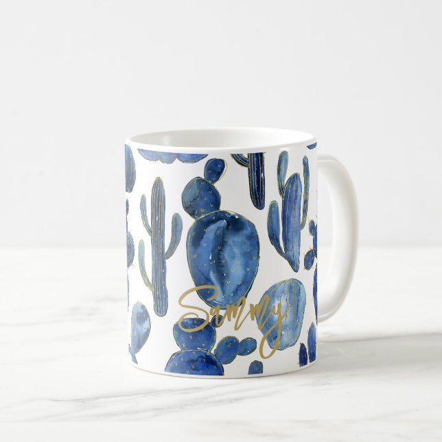 Modern Cactus Blue Gold NAME Chic Desert Coffee Mug (Front Right)