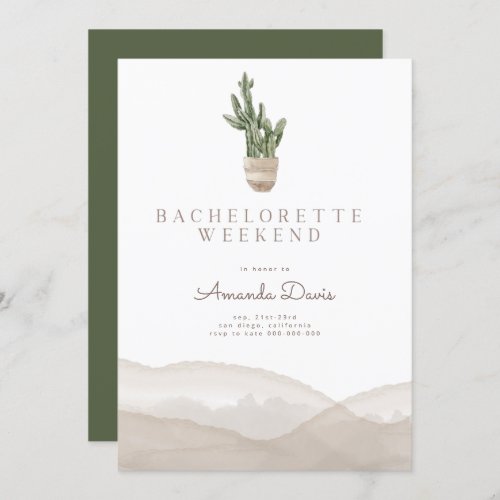 Modern Cactus Desert Western Bachelorette Weekend  Invitation - This modern invitation features watercolor cactus and dunes with a script font for name of the bride-to-be. It is perfect for desert or western themed bachelorette weekends! 