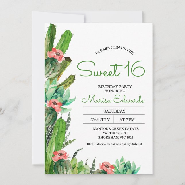 Modern Cactus Fiesta Sweet 16 Birthday Invitation (Front)