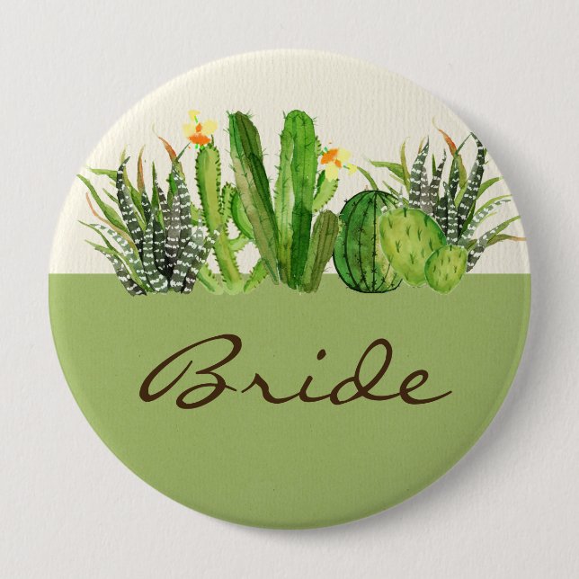 MODERN CACTUS FLORAL GARDEN WATERCOLOR BRIDE BUTTON (Front)