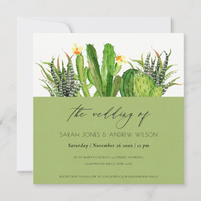 MODERN CACTUS FLORAL GARDEN WATERCOLOR WEDDING INVITATION (Front)