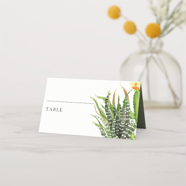 MODERN CACTUS FLORAL GARDEN WATERCOLOR WEDDING PLACE CARD (Front)