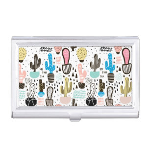 Modern Cactus Geometric Pattern Case For Business Cards