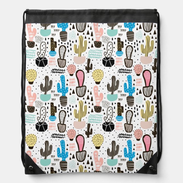 Modern Cactus Geometric Pattern Drawstring Bag (Front)