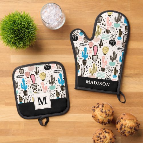 Modern Cactus Geometric Pattern Oven Mitt  Pot Holder Set