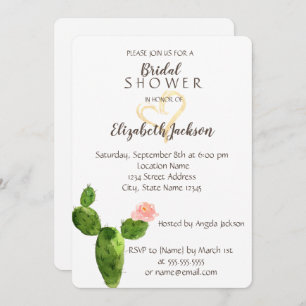 Modern Cactus Gold Glitter Heart  Bridal Shower Invitation