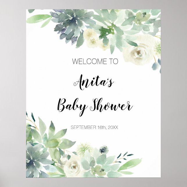 Modern Cactus Greenery Baby Shower Welcome Sign (Front)
