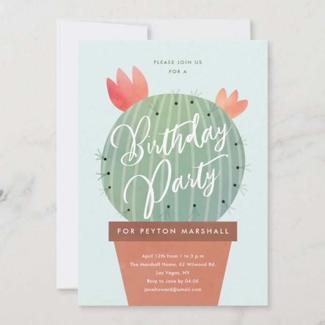 Modern Cactus Kids Birthday Party Invitation (Front)