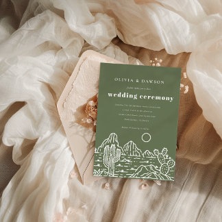 Modern Cactus Line Art Desert Olive Green Wedding Invitation