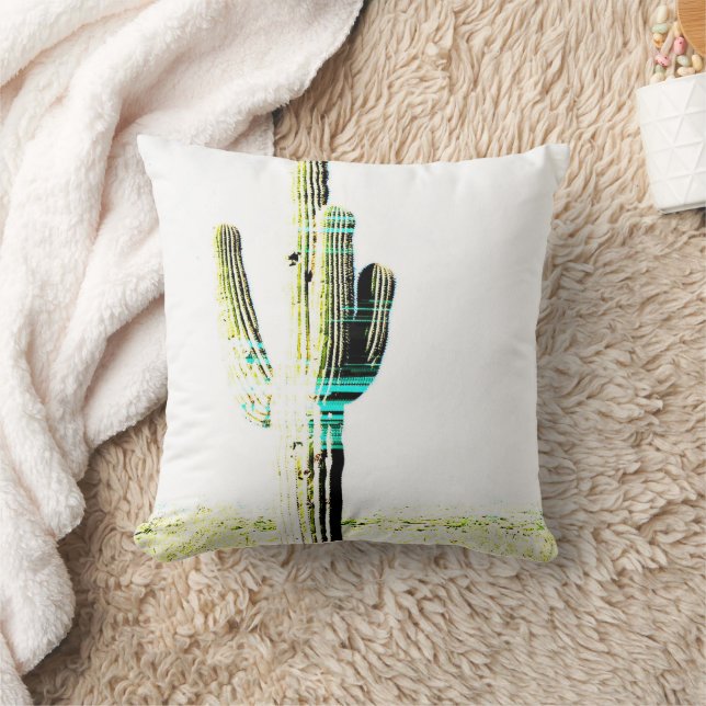 Modern Cactus Photo Art Desert Green Blue White Throw Pillow (Blanket)