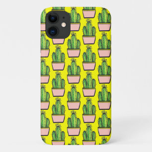 Modern Cactus Pink Pot Pattern on Yellow iPhone 11 Case