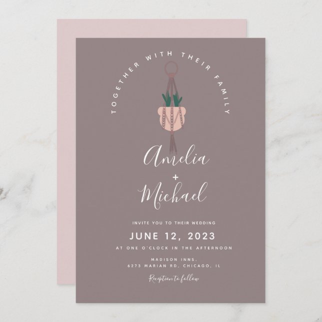 Modern Cactus Plant Macrame Botanical Wedding Invitation (Front/Back)