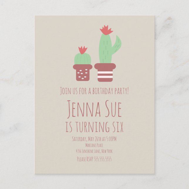 Modern Cactus Potted Plants Birthday Party Postcard (Front)