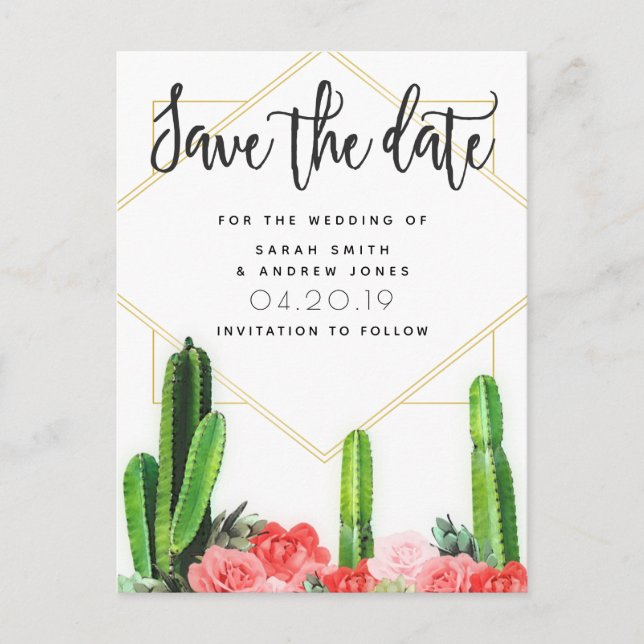 Modern Cactus, Succulent and Floral Save the Date Postcard (Front)