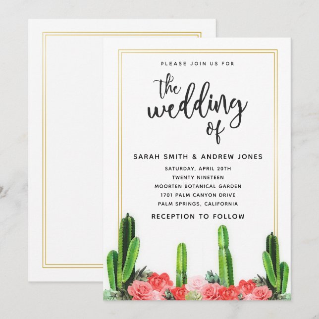 Modern Cactus, Succulent and Floral Wedding Invitation (Front/Back)