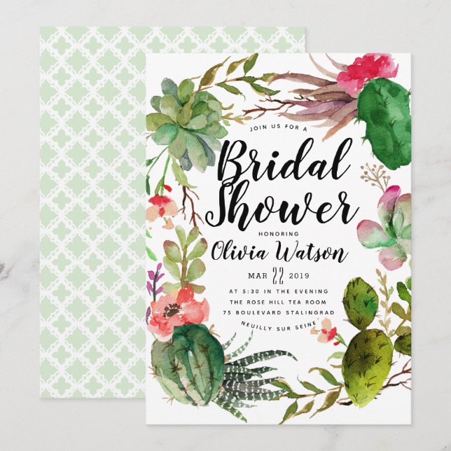 Modern Cactus Succulent Floral Bridal Shower Invitation (Front/Back)