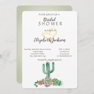 Modern Cactus Succulent Gold Heart  Bridal Shower  Invitation