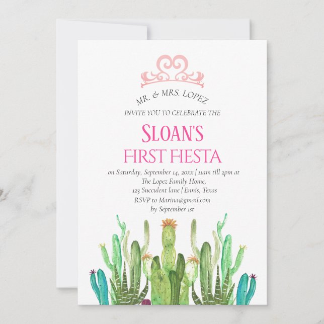 Modern Cactus Tiara First Fiesta Pink Birthday   Invitation (Front)