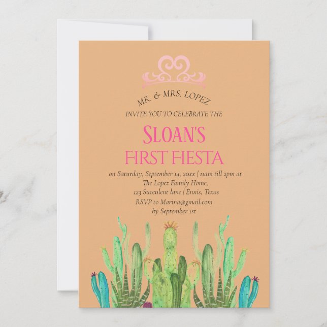 Modern Cactus Tiara First Fiesta Pink Birthday   Invitation (Front)