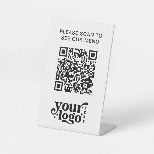 Modern Cafe QR Code White Menu Logo Contactless Pedestal Sign (Front)