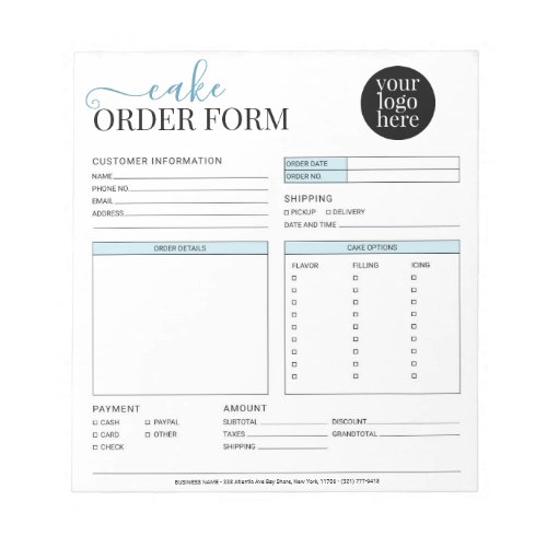 Modern Cake Cupcake Bakery Blue Order Form Notepad
