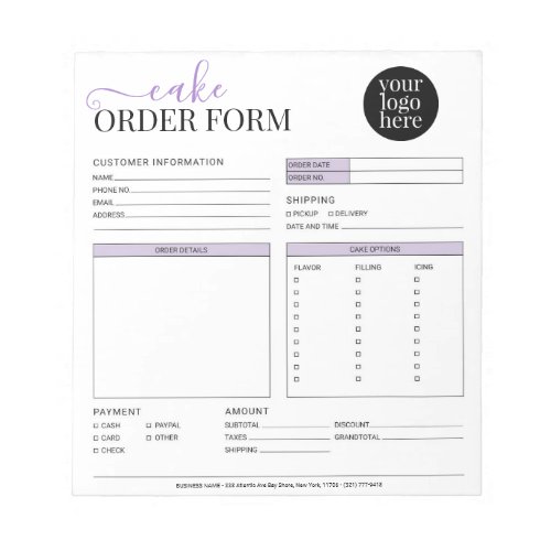 Modern Cake Cupcake Bakery Purple Order Form Notepad