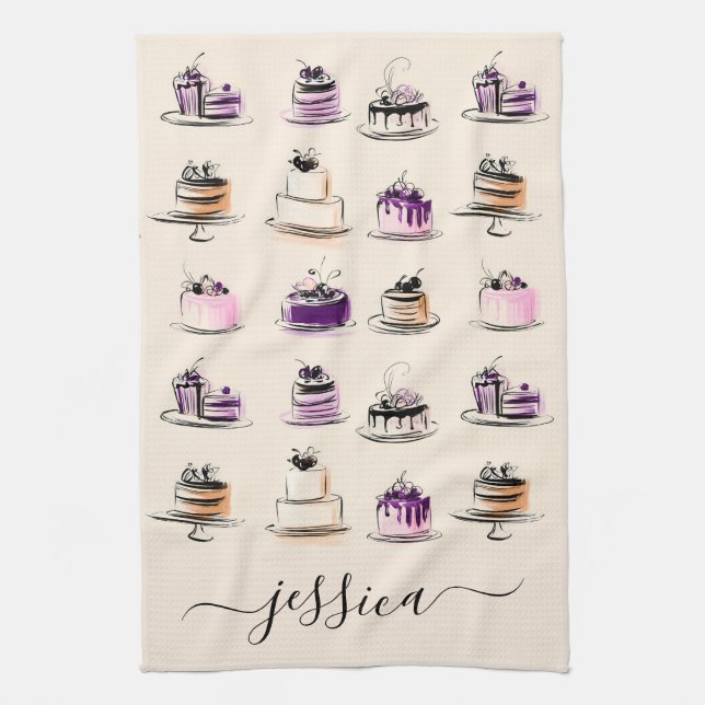 Modern cake pattern script name kitchen towel (Vertical)