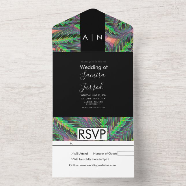 Modern Calathea Plant Pattern Wedding All In One Invitation (Inside)
