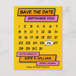 Modern Calendar Fun Comic Book Save The Date Announcement Postcard