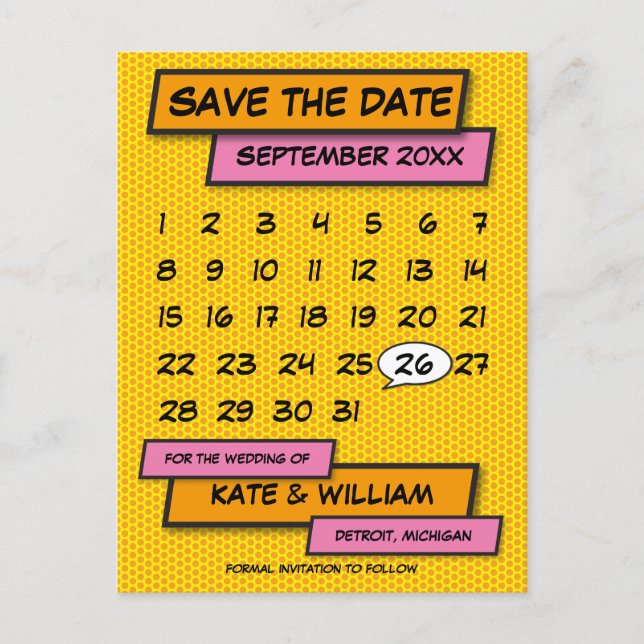 Modern Calendar Fun Comic Book Save The Date Announcement Postcard (Front)