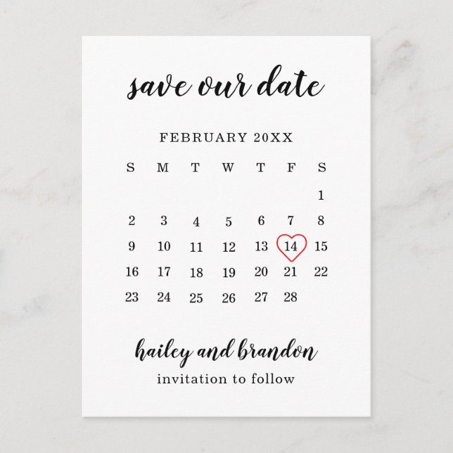 Modern Calendar Red Heart Wedding Save the Date Announcement Postcard (Front)