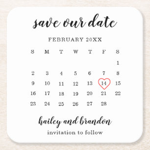 Modern Calendar Red Heart Wedding Save the Date Square Paper Coaster