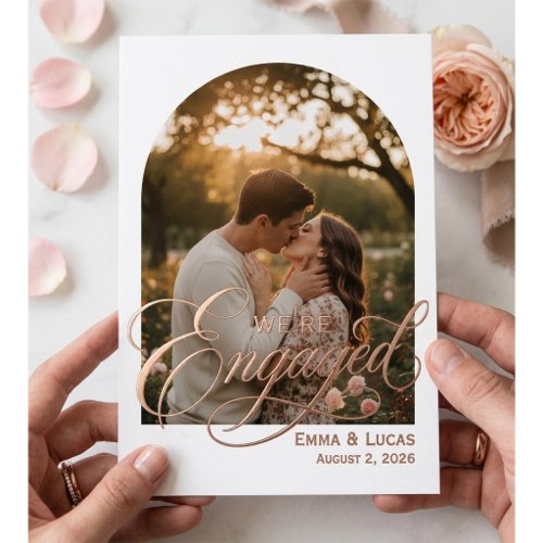 Modern Calligraphic We're Engaged Foil Photo Holiday Card