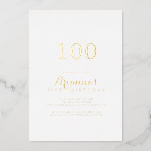 Modern Calligraphy 100th Birthday Party Gold   Foil Invitation